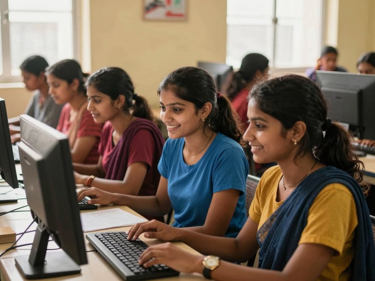 A group of young women in a brightly lit learning center in Bihar, learning on computers, smiling and collaborating, warm daylight, 35mm lens