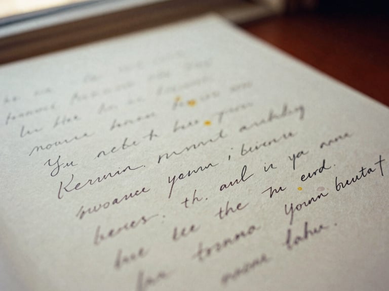 Close-up of Yvonne Paulenz's handwritten lyrics on aged paper, soft focus, warm window light, ink stains, 35mm film grain