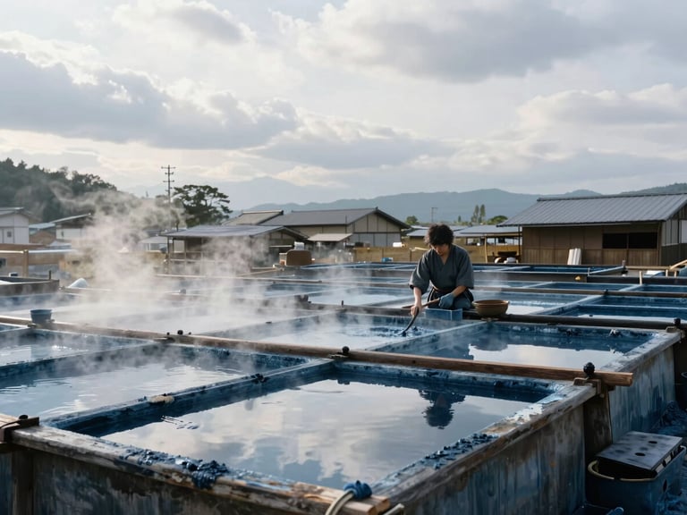 Wide environmental landscape of a remote indigo dyeing workshop in Kyoto, steam rising from deep vats, a single artisan working in the background under overcast daylight.
