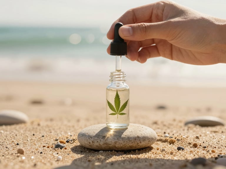 Close-up of a hand holding a small glass dropper bottle with a hemp leaf shadow, resting on a smooth, light-colored beach stone, soft coastal daylight
