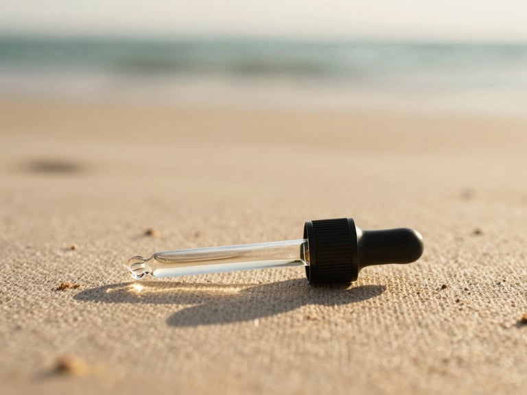 Minimalist close-up of a glass tincture dropper resting on natural linen fabric, soft golden-hour lighting, shallow depth of field, 35mm.