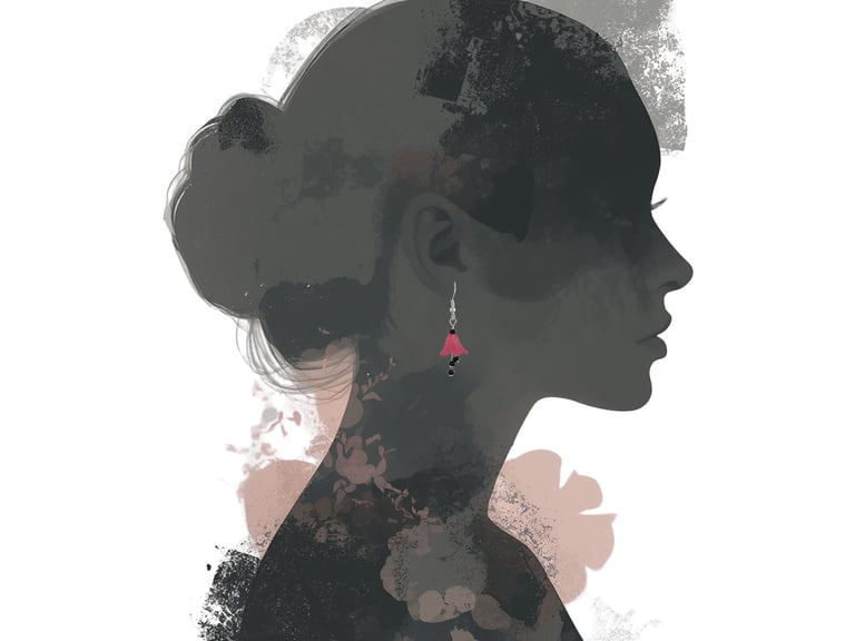 Artistic silhouette of a woman wearing a pink bell-shaped floral earring with a bun hairstyle.
