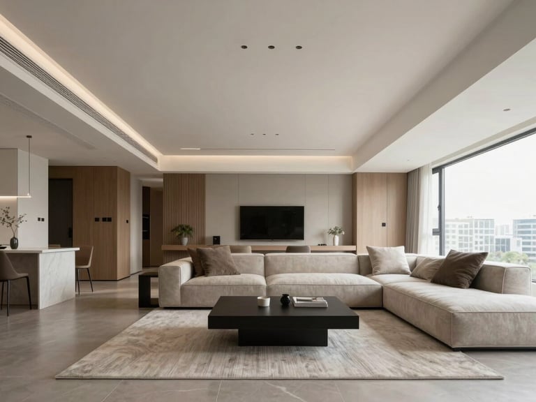 Wide-angle architectural interior shot of a finished high-spec modern apartment living room, neutral tones, clean lines, natural light.