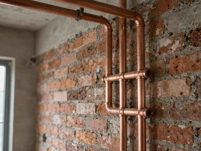 Close-up architectural shot of raw refurbishment progress inside a building, exposed brick wall, clean copper piping installed, natural light.
