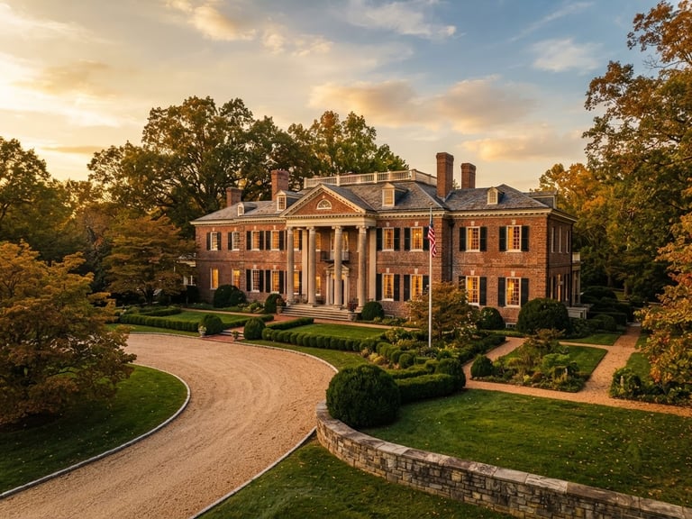 Editorial wide-angle shot of a historic brick estate in Leesburg, Virginia, golden-hour window light, warm tones, 35mm lens