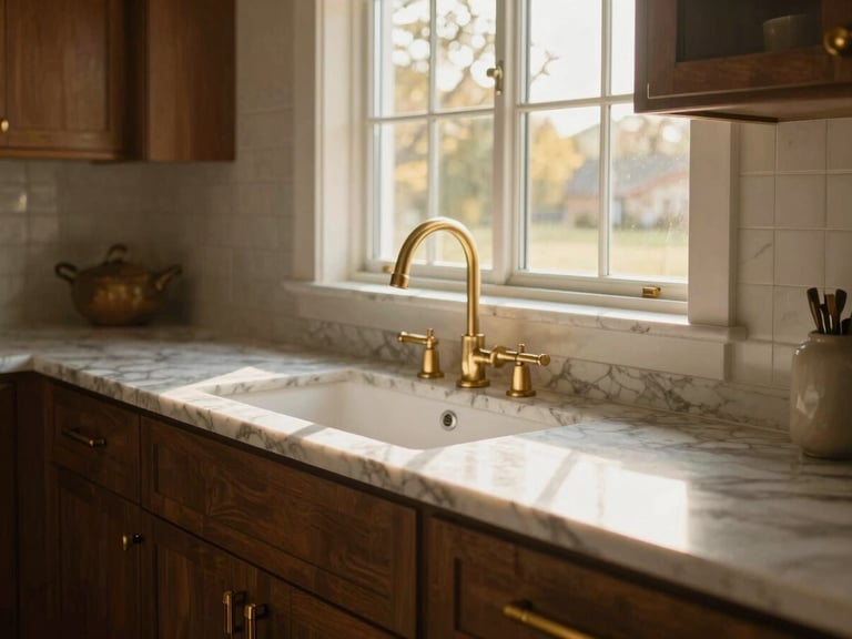 Detailed close-up of a luxury kitchen interior in Leesburg, sun-drenched marble countertops, brass hardware, warm morning light flowing through a window, editorial architectural photography.