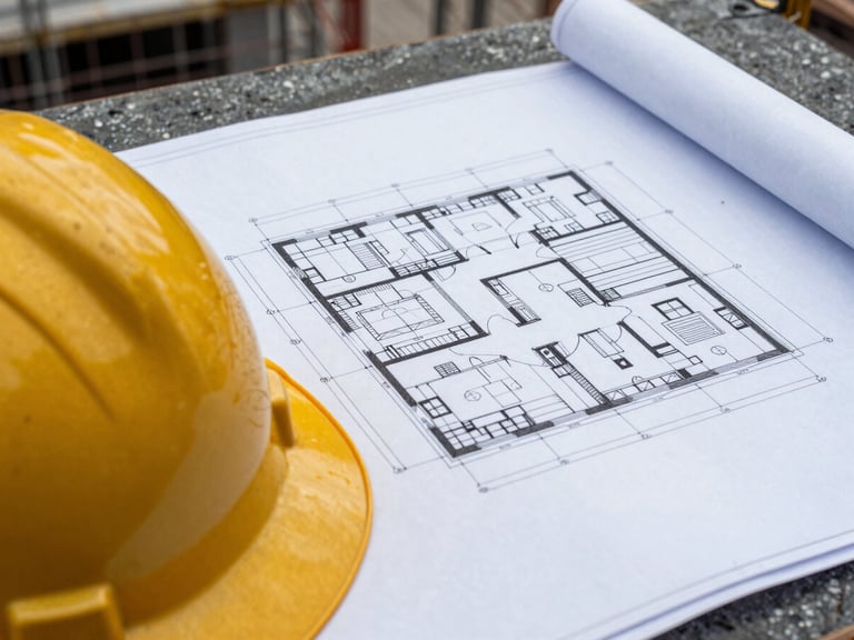 Close-up of an architectural blueprint being reviewed on a construction site, safety helmet in foreground, high-contrast, desaturated steel and safety-orange tones, tight macro shot, emphasizing precision and planning.
