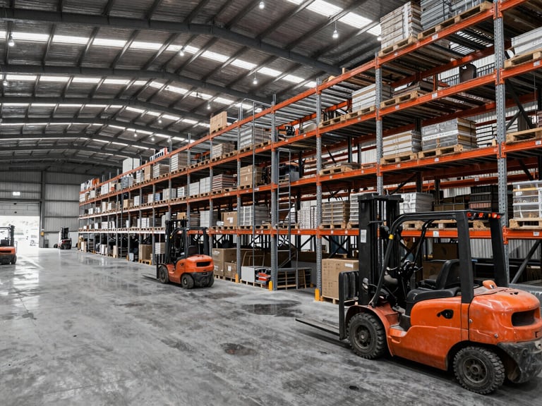Panoramic shot inside a vast industrial warehouse, high shelving, forklifts in motion, high-contrast, desaturated steel and safety-orange tones, wide-angle, showing operational efficiency.