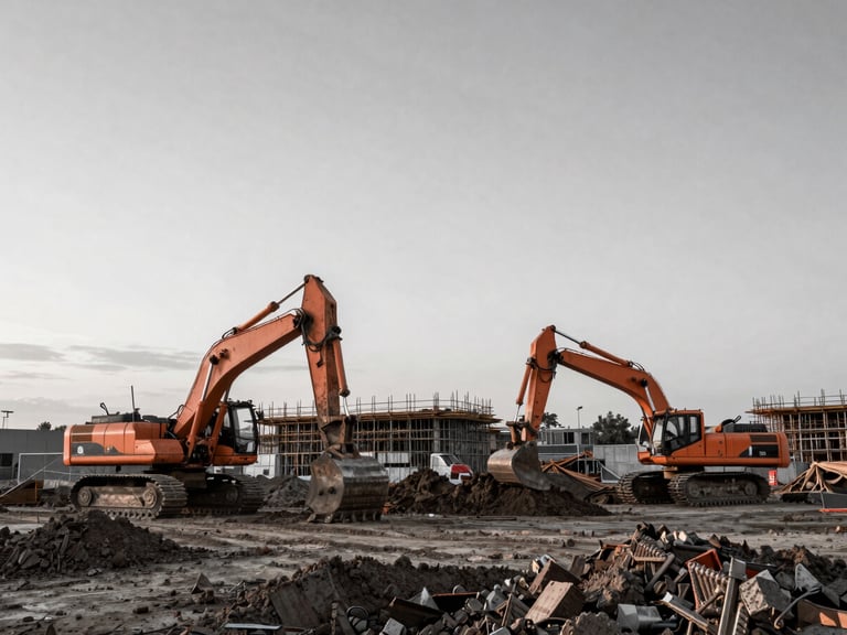 Wide-angle view of a large-scale civil engineering construction site at dusk, heavy machinery moving earth, high-contrast, desaturated steel and safety-orange tones, low-angle shot, dynamic and rigorous.
