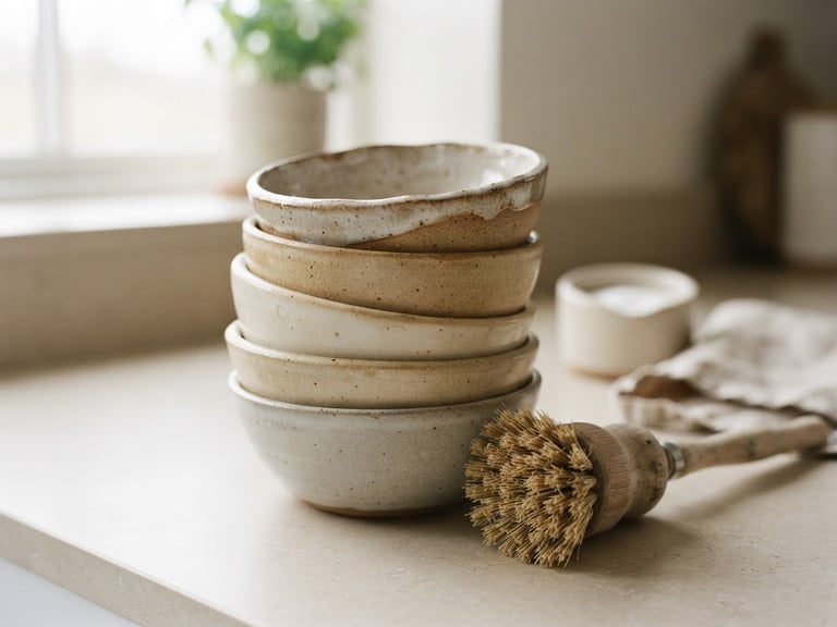 Close-up of a stack of neutral-toned ceramic bowls and a bamboo brush, soft diffused daylight, warm neutral tones, clean composition, 35mm lens, styled in a minimalist kitchen environment