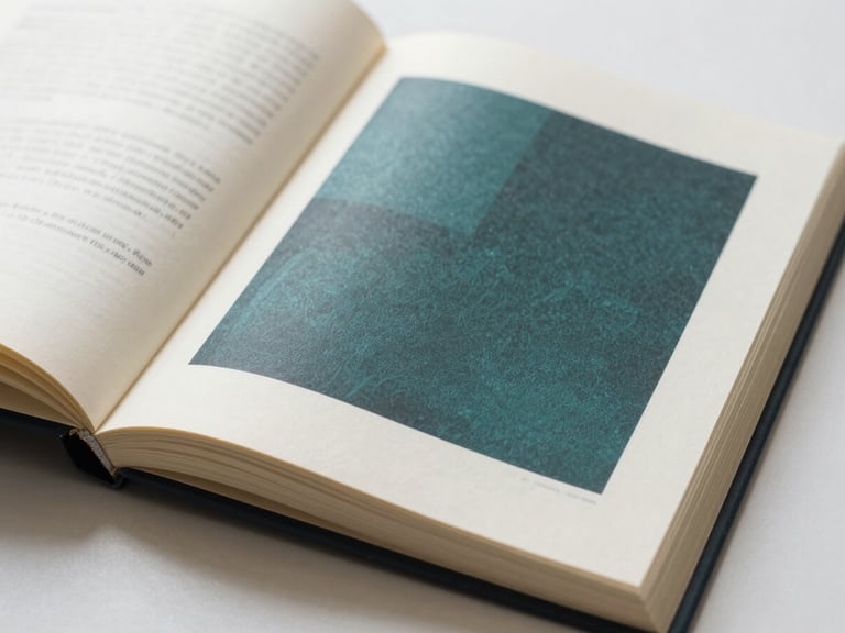An open book showing elegant typography-driven interior layout, generous margins on premium cream paper, soft natural light.