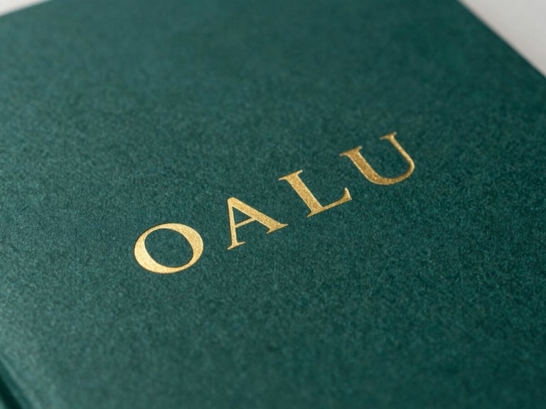 Close-up macro shot of a book cover with deep sea-green textured paper, minimalist gold foil typography, soft side-lighting with rich shadows.