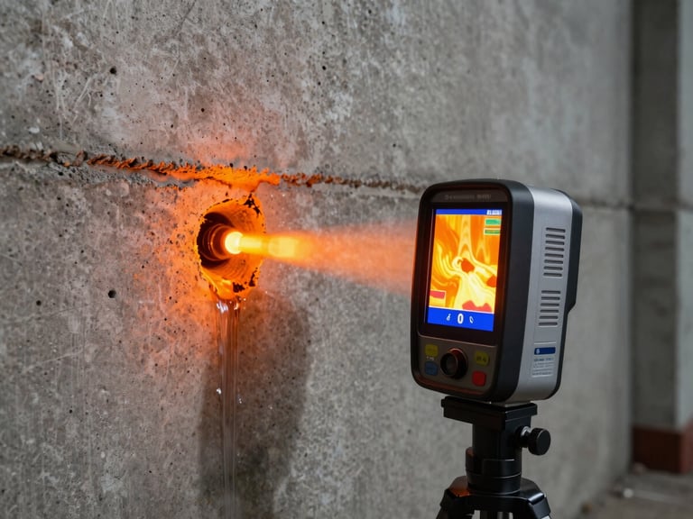 Wide-angle view of a professional thermal imaging camera displaying bright orange and yellow heat signatures of a water leak behind a concrete wall, realistic workplace lighting.