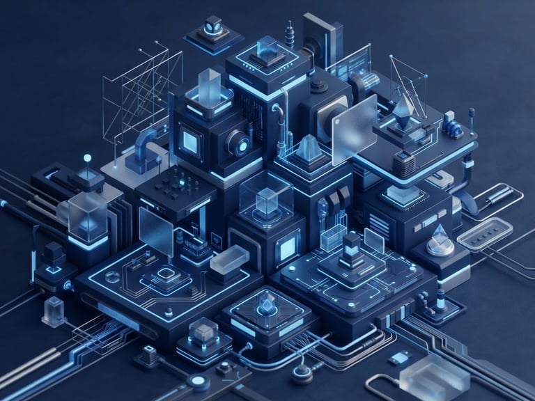 Minimalist 3D render of abstract tech geometry, electric blue and deep navy accents, soft studio lighting, modern isometric interface components