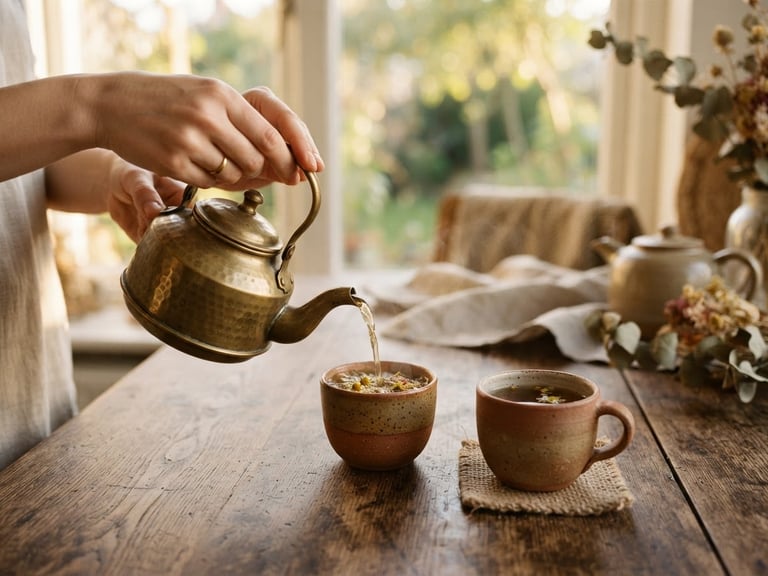 Warm editorial photography of hands gently pouring herbal tea from a brass kettle into two clay cups, golden-hour window light, rich earthy tones, shallow depth of field.