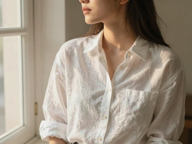 Woman in a classic white linen button-down shirt, sleeves rolled up, looking out a window with soft light, elegant and relaxed pose.