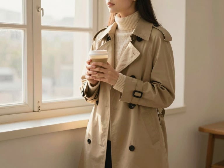 Woman in a camel-colored trench coat and knit sweater, holding a warm beverage, standing by a window with soft overcast light, medium shot, 35mm
