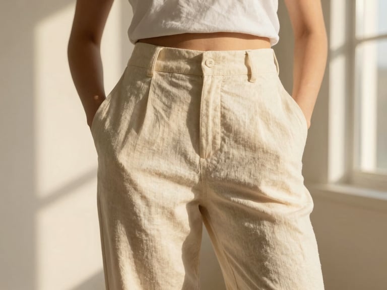 Woman wearing elegant cream tailored linen trousers, standing in soft golden-hour light, hands in pockets, cropped at waist, shallow depth of field.