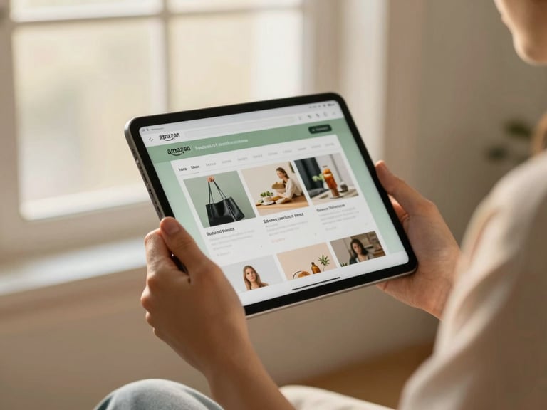 Close-up of a woman's hands holding a tablet with an Amazon shopping page, soft golden-hour window light, muted cream and sage tones, shallow depth of field, 35mm