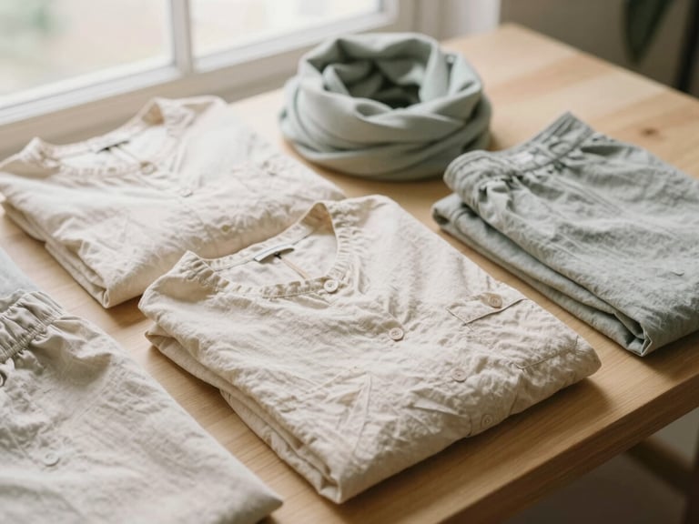 Flat-lay of neatly folded neutral-toned linen clothing (blouse, trousers, scarf) on a light wooden surface, soft overcast daylight, muted cream and sage tones, shallow depth of field, 35mm