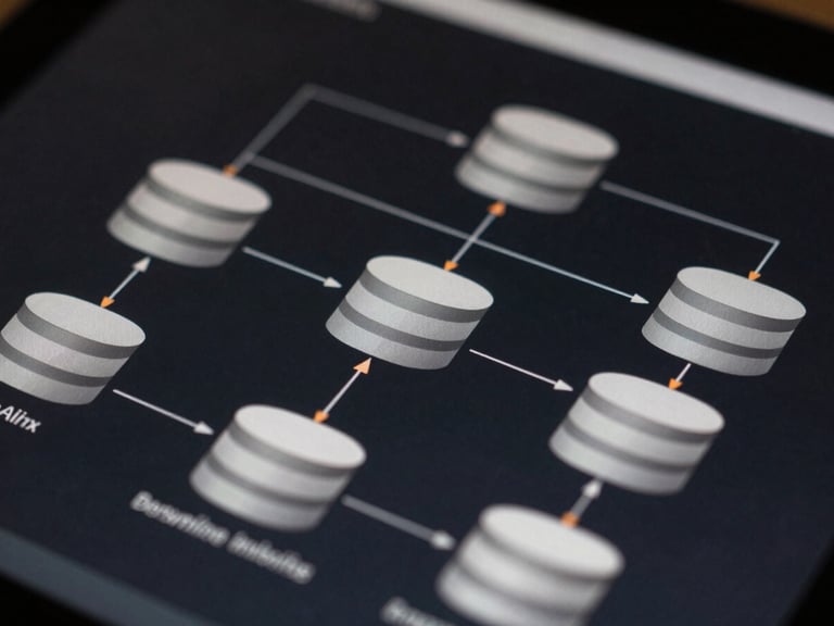 Crisp technical system architecture diagram on a dark screen, showing clean API integration pathways and database connections with subtle orange highlights, macro crop, high contrast.