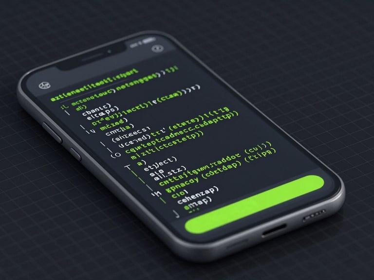 Isometric vector wireframe of a mobile game UI overlaying clean monospace code snippets, highlighted in acidic green strokes on a dark grid background.