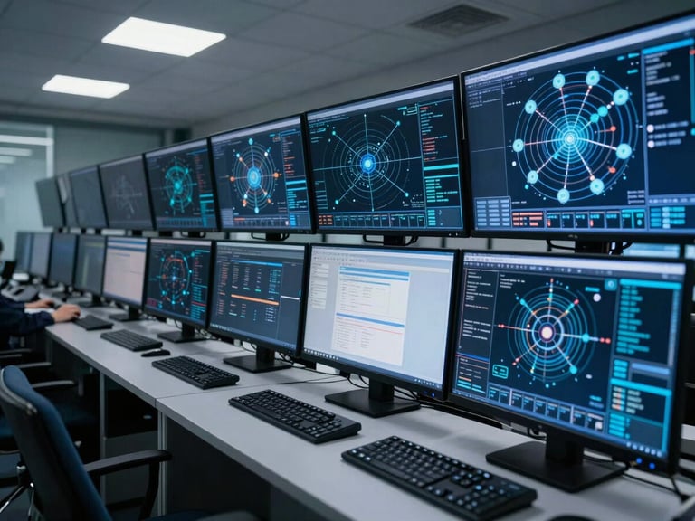 Wide side-angle view of a security operations center, multiple large monitors displaying network topology maps and infrastructure diagrams, cool overhead lighting casting blue-white glow across keyboards and screens, no personnel faces visible, dense data overlays on dark displays