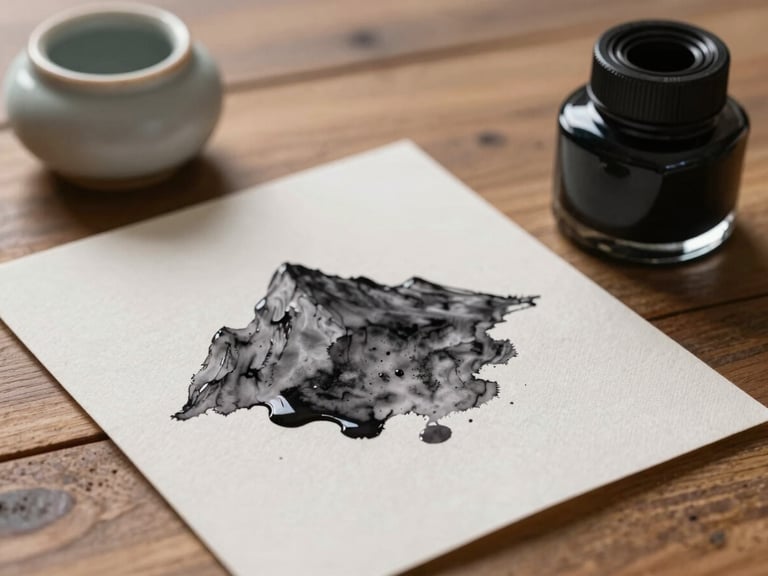 Intimate close-up of wet ink drying on a heavy linen paper card, placed next to a small ceramic inkwell on a warm wooden surface, soft mountain daylight.