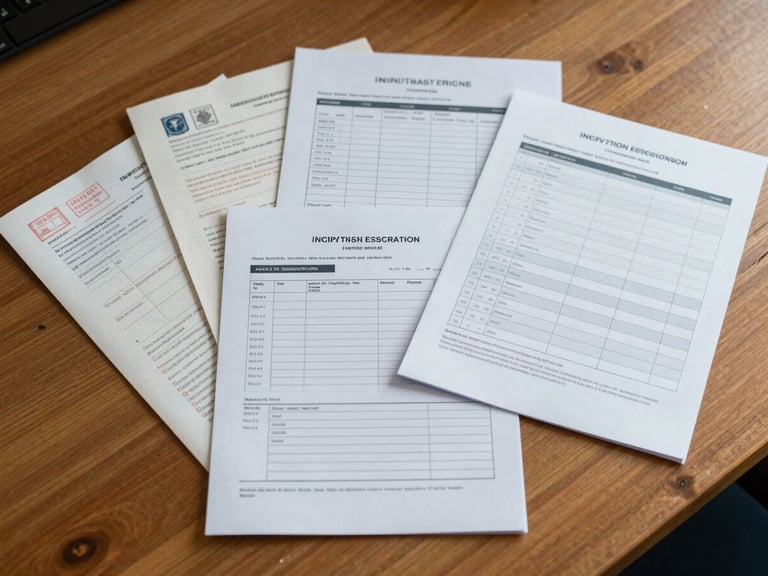 A flat-lay of neatly organized immigration documents, passport pages with official stamps, and a precise administrative checklist on a warm wooden desk, soft natural lighting.
