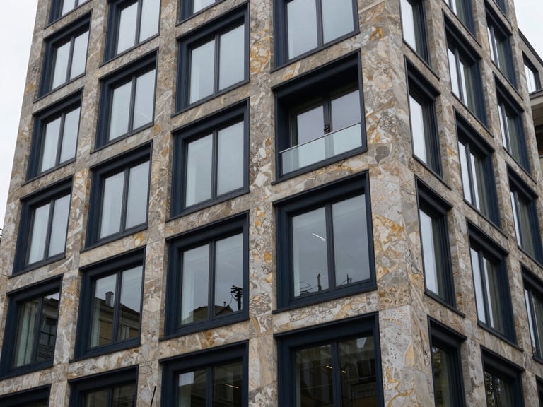 Close-up of a modern, high-end residential building facade in Zürich, elegant stone and glass, soft overcast daylight, deep navy and gold tones, 35mm lens