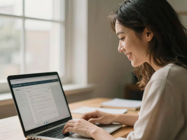 Small business owner smiling while looking at a laptop, a simplified CRM interface visible, warm indirect natural daylight, shallow depth of field
