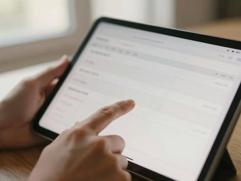 Close-up of hands interacting with a tablet displaying a clean, simplified invoicing UI, warm indirect natural daylight, shallow depth of field
