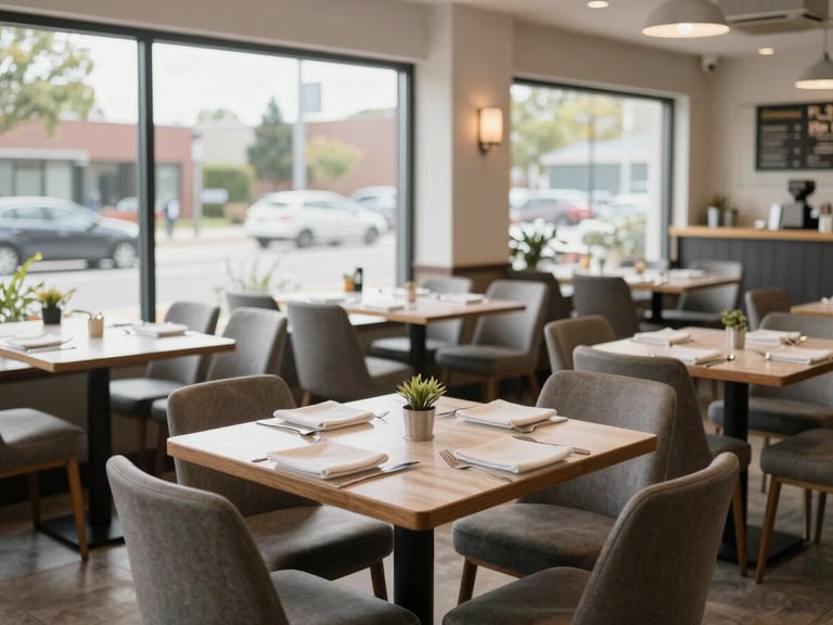 A cozy modern restaurant dining room with tables set for lunch, bright natural daylight streaming through large windows, clean commercial photography