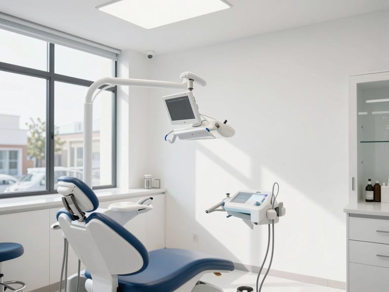 A bright and clean modern dental clinic interior, white surfaces, professional and trustworthy atmosphere, natural daylight