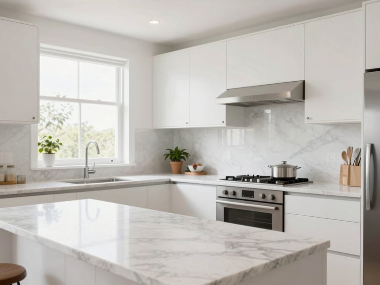 A beautifully renovated modern kitchen with clean lines, marble countertops, bright natural light, professional interior photography