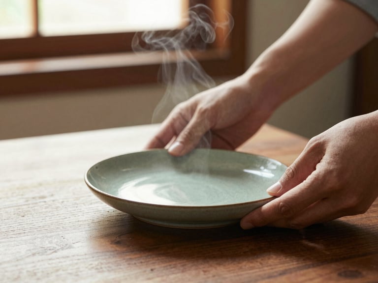 Close-up of hands placing a minimalist ceramic plate on a wooden table, steam rising gently, soft natural side lighting, warm tones