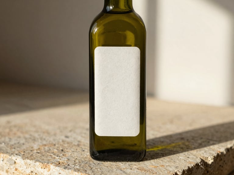 Minimalist olive oil glass bottle with a textured paper label on a rustic stone surface, warm afternoon light, shallow depth of field