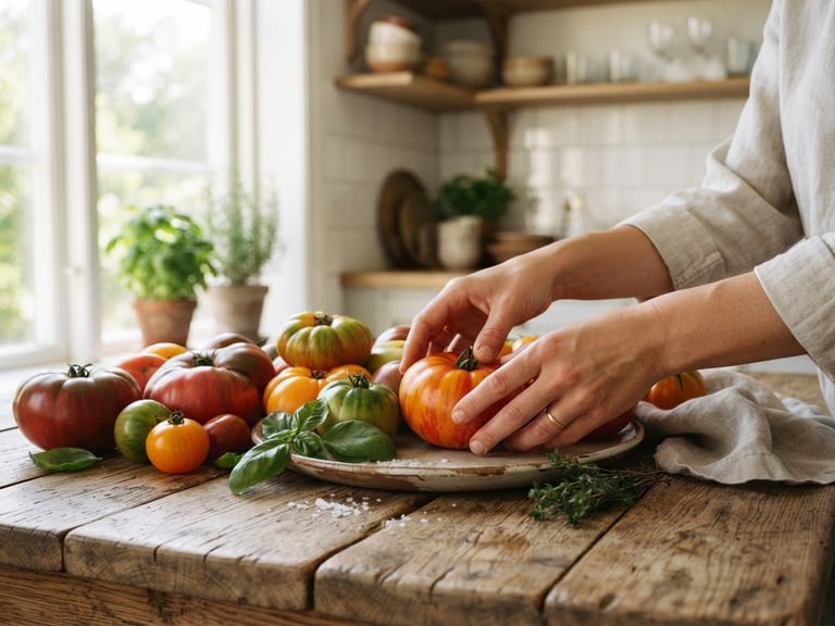 Hands arranging fresh heirloom tomatoes on a rustic wooden table in a sunlit Scandinavian-style kitchen, soft window light, 35mm photography
