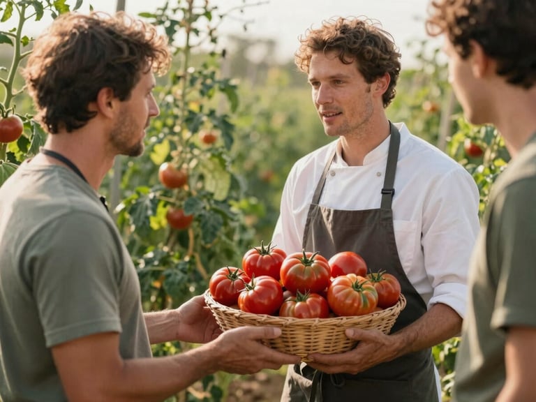 A chef in a clean apron talking to an organic farmer in a sunlit field, holding a basket of fresh heirloom tomatoes, warm editorial style