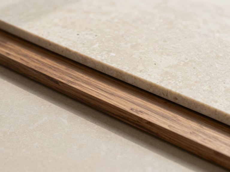 Close-up of a sample board with warm travertine and American walnut wood, soft natural light, architectural interior photography.