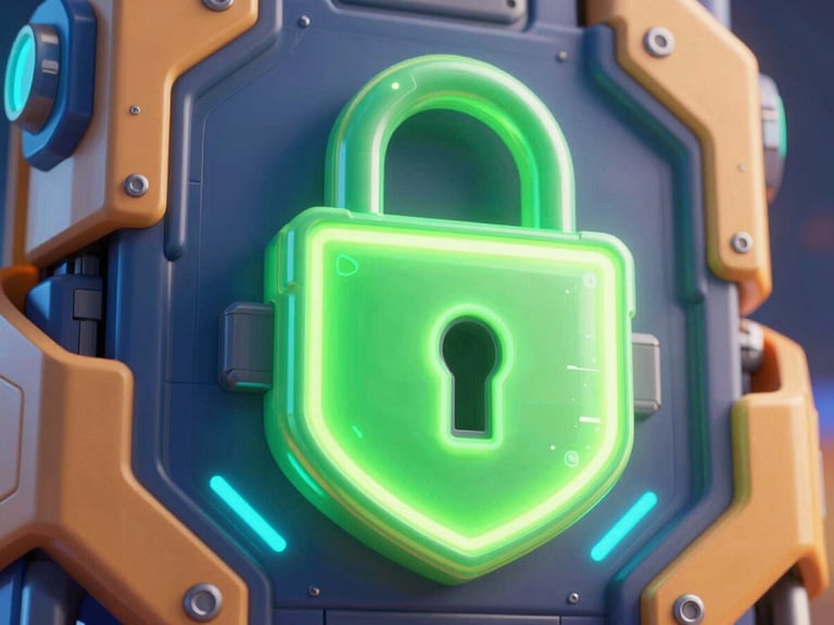 Vibrant digital 3D render of a glowing neon green shield lock, cybernetic lighting, electric blue and saffron tones, ultra-detailed tech aesthetic