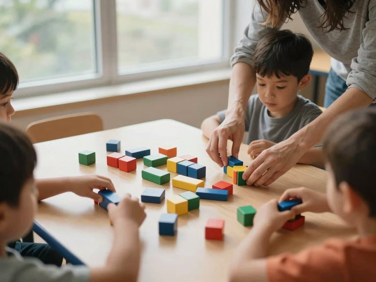 Wide environmental shot from above and to the side: small children's hands arranging colourful wooden counting blocks on a low classroom table, diffuse natural daylight through tall windows, teacher's hands visible at the edge steadying a child's grip — no faces visible, focus entirely on hands and objects