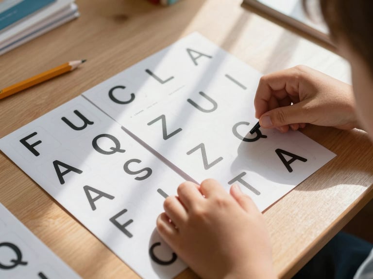 Close-up overhead shot of a child's hands arranging laminated French-alphabet cards on a wooden desk surface, natural window light casting soft shadows across the cards, a small pencil and exercise book visible at the edge of the frame, no faces, Bugesera classroom setting