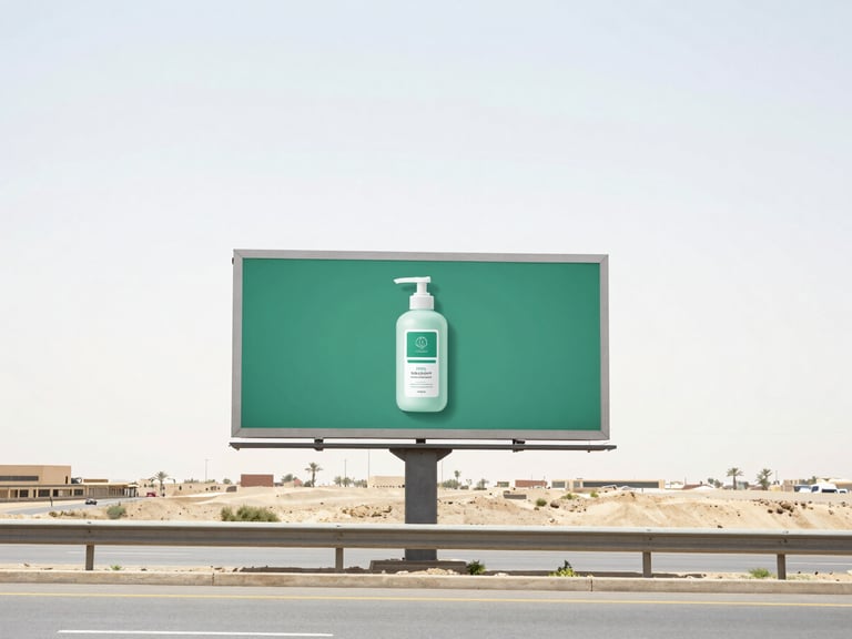 Panoramic view of a major highway in Cairo with a well-designed billboard featuring a product, bright high-key daylight, minimalist composition, 35mm