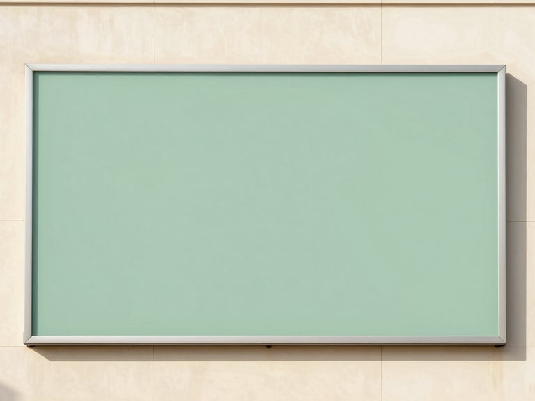 Clean architectural shot of a large format outdoor advertisement on a building facade in Riyadh, bright daylight, subtle sage green in the ad design, 35mm