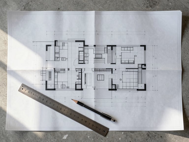Overhead flat lay of a large-format architectural blueprint spread on a concrete desk, a metal ruler and a mechanical pencil resting diagonally across the lower third, cold north-facing daylight from the left, structural grid lines visible in the drawing, no people, no branding, precise and technical atmosphere