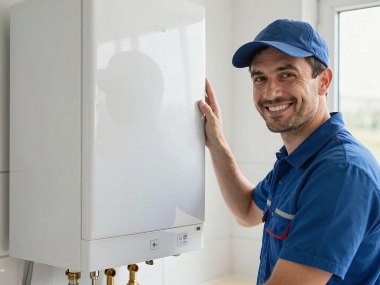 A professional Leicester plumber in clean uniform smiling next to a modern boiler installation, bright natural daylight, 35mm lens