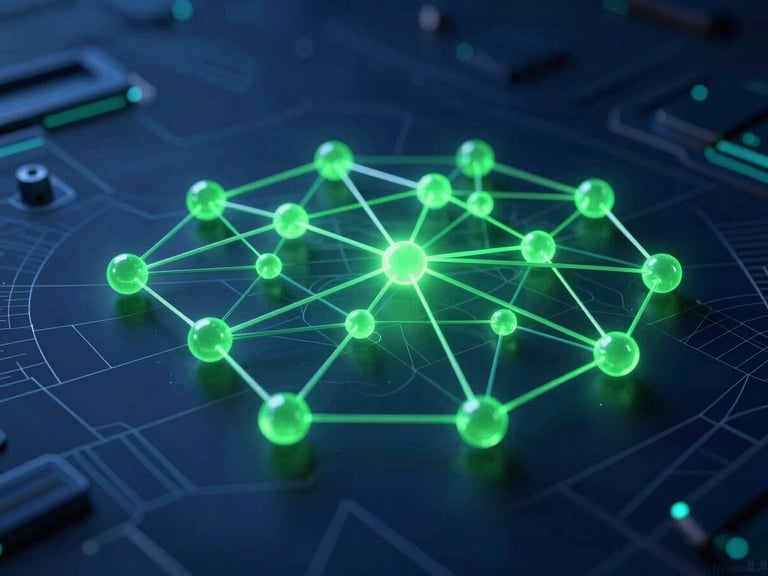 Abstract neural network visualization, complex glowing green nodes connecting over a blueprint-style grid background, deep blue shadows