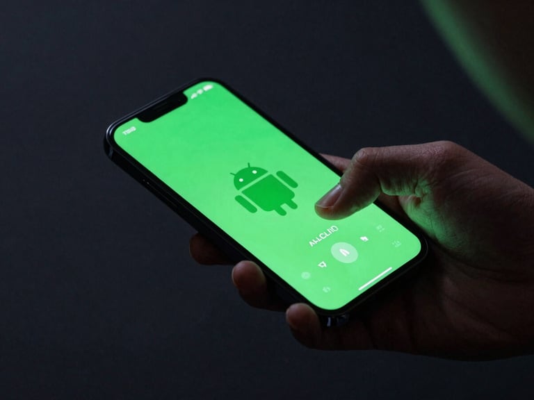 Tight over-the-shoulder shot of a hand interacting with an Android phone, displaying a seamless swipe animation with vibrant electric-green UI elements, low-key moody lighting