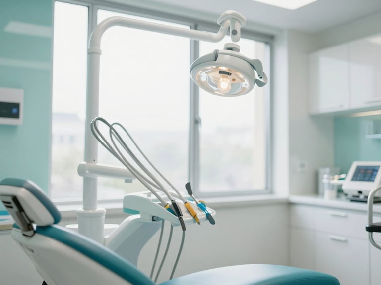 Bright modern dental clinical room with soft natural window light, clean teal accents, state-of-the-art equipment, professional and welcoming atmosphere, shallow depth of field